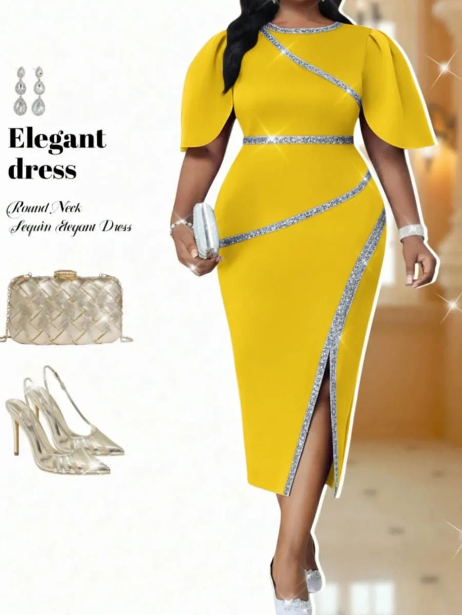 Femme Col Rond Manches Flutter Décor Diagonal Fendue Midi Moulante Robe Grande Taille pour Dîner Formel Mariage Invité Soirée Soirée Mode Occasions — image 1
