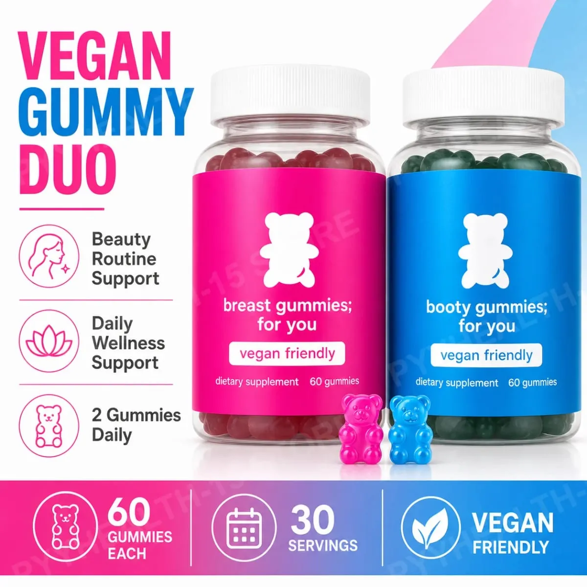 Top&Peach Support Combo Pack Multivitamin Gummies pour femmes Comprend des extraits de plantes et des vitamines essentielles Sans gluten 60 unités — image 2