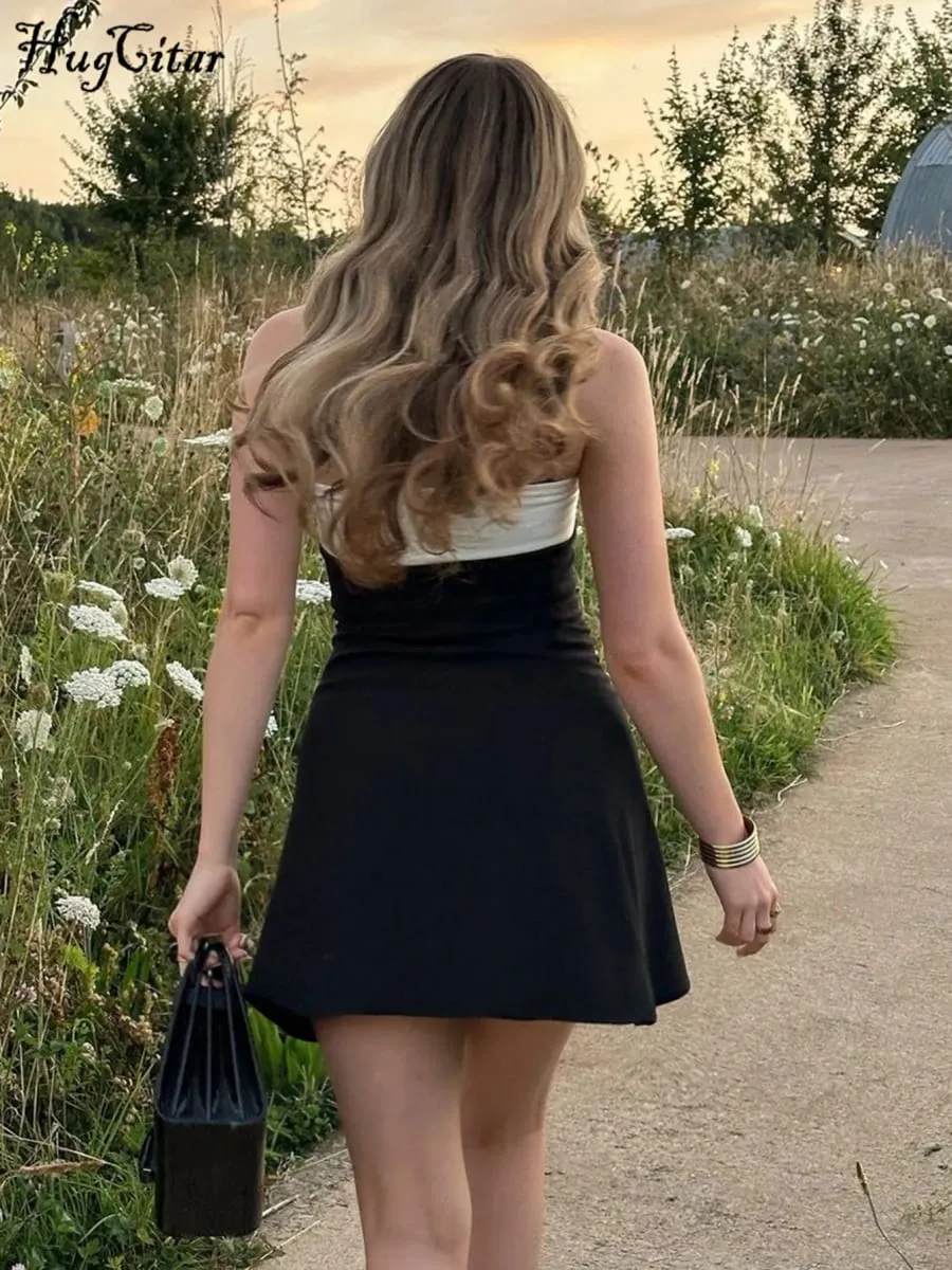 Hugcitar Color Block Strapless Patchwork Sexy Bodycon Mini Dress 2025 Summer Women Elegant Clothes Evening Party Festival — image 3