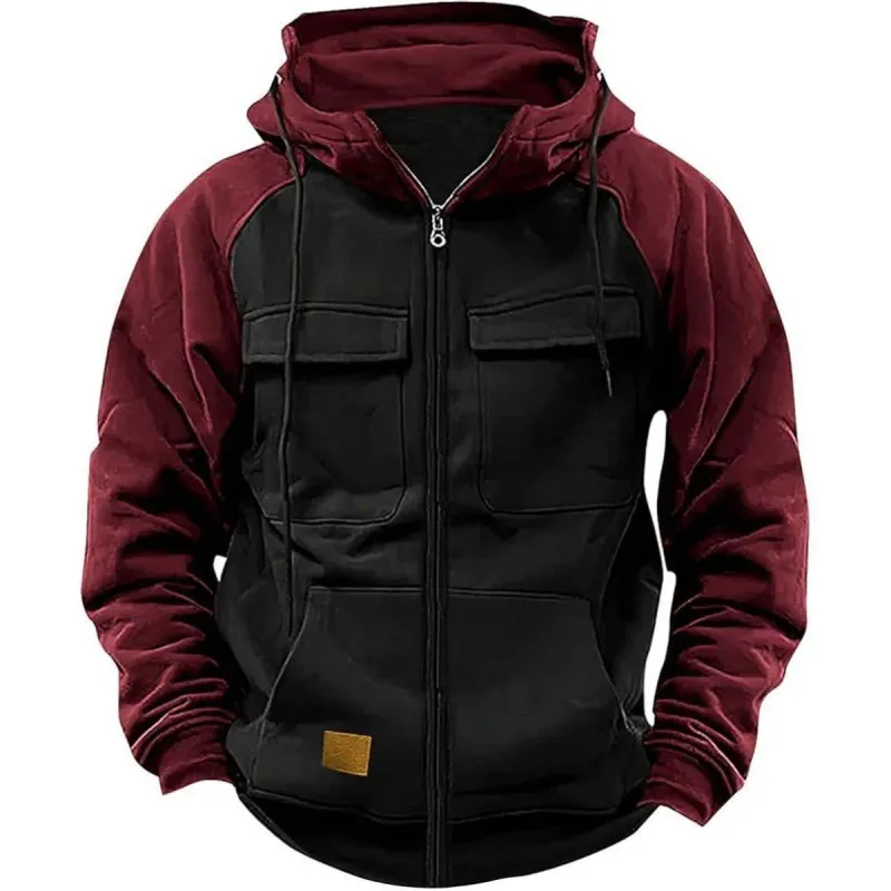 Lelaki Zipper Patchwork Sweatshirt Hangat Fleece Fesyen Berbilang Poket Lelaki Kasual Zip Up Jaket Musim Gugur Musim Sejuk Luar Taktik Hoodie — image 1