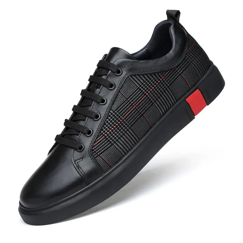 Neue Ankunft Männer Schwarz Leder Plaid Panel Turnschuhe Luxus Stil Lace Up Casual Schuhe Nicht Slip Plattform Walking Schuhe — image 6