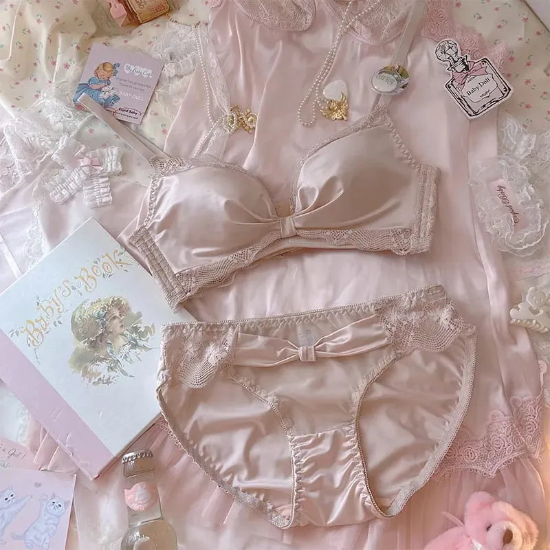 Pink princess thickened small chest big underwear female gathered modal latex lingerie panty suit bow no steel ring bra set — image 2