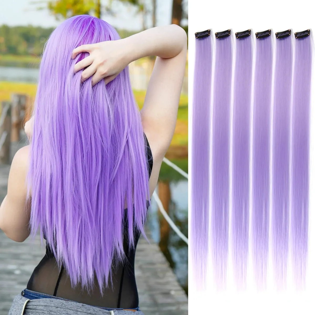6 Stück/Packung, farbige Party-Highlights, Clip-in-Haarverlängerungen, 22 Zoll, mehrfarbig, glattes Haar, synthetische Haarteile — image 14