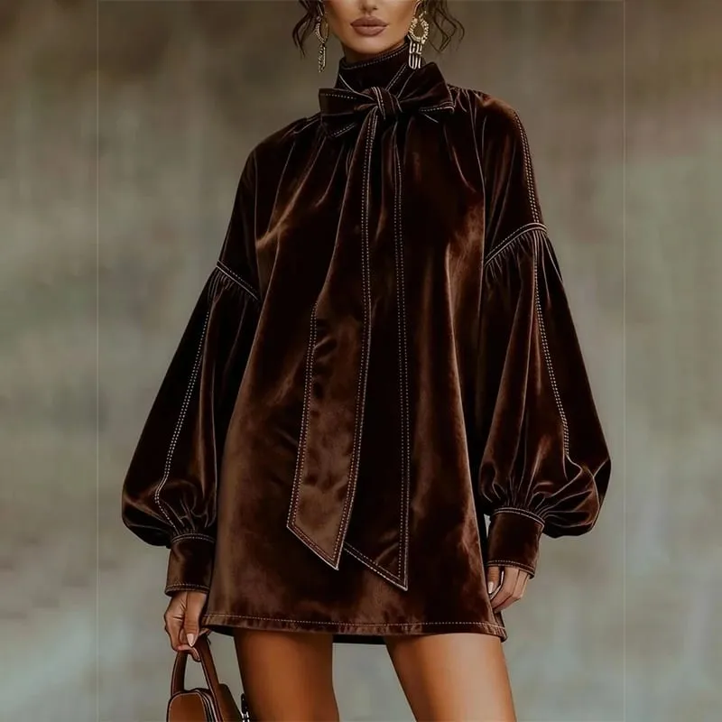 Américain rétro col haut lanterne manches longues nœud papillon élégant velours femmes Mini robes décontracté automne haute robe de rue — image 2