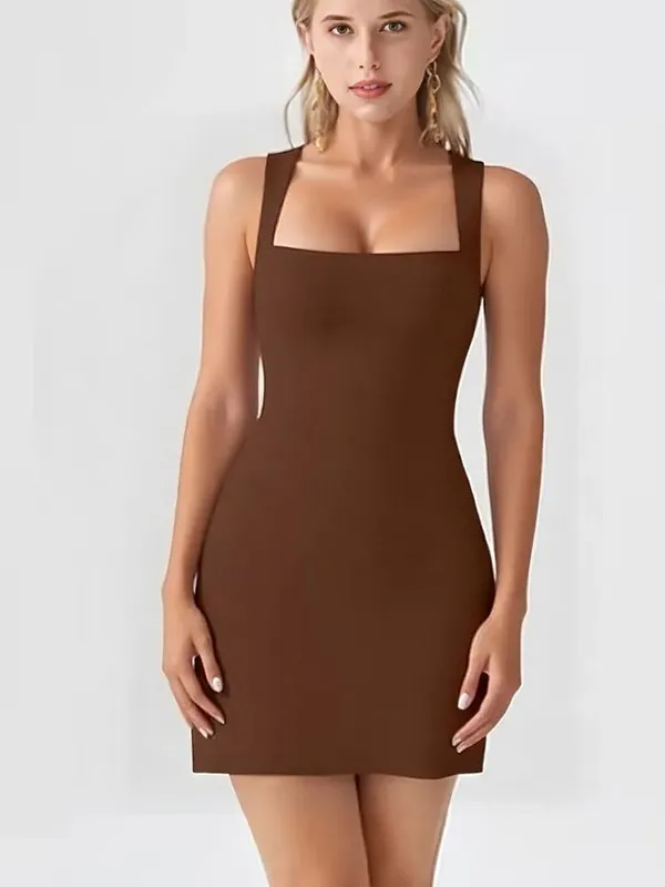 Robe courte sans manches, couleur unie, Simple, col carré, nouvelle mode, polyvalente, décontractée, Slim, basique, pour femmes, été — image 10
