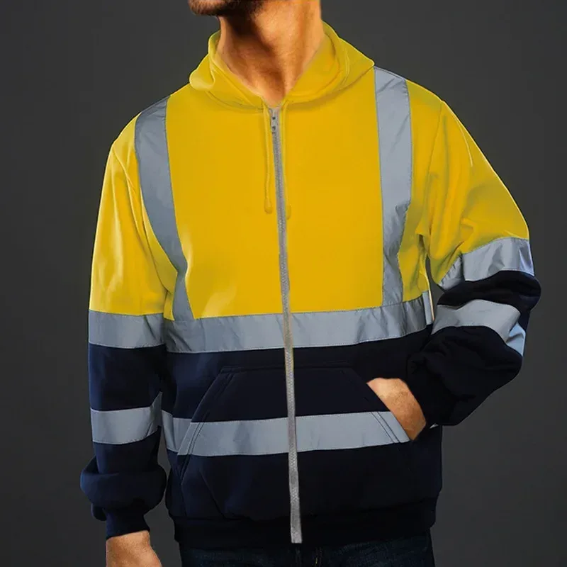 Sudaderas con capucha reflectantes de seguridad para el trabajo para hombre, chaqueta holgada con cordón y cremallera, Jersey fino de lana con capucha, abrigo, sudadera de trabajo informal — image 3