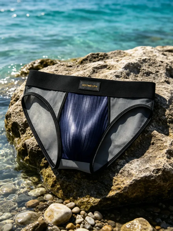 Slips Patchwork en maille transparente pour hommes, pochette brillante à rayures verticales, taille basse, large ceinture élastique, sous-vêtements respirants pour hommes DP923 — image 1