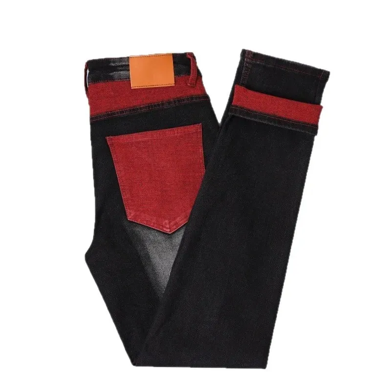 Jeans elasticizzati neri da uomo per pantaloni in denim primaverili e autunnali con dettagli strappati rossi, taglie asiatiche 28-42. — image 6