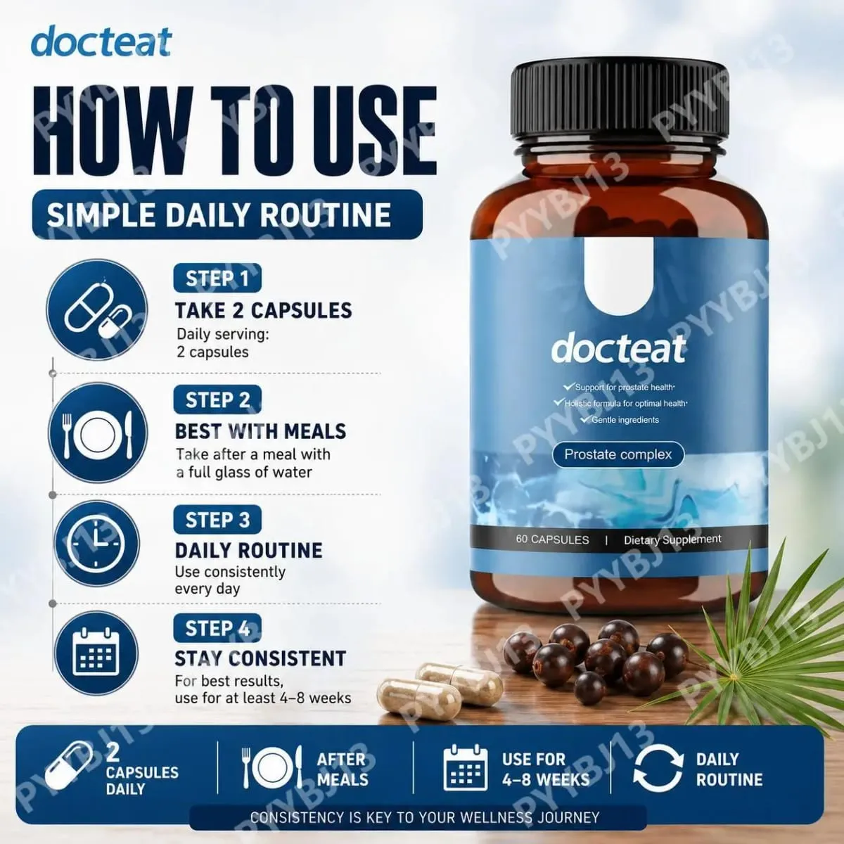Docteat 전립선 복합 캡슐은 Herbal Saw Palmetto와 Pygeum 60 캡슐로 전립선 건강과 소변 흐름을 지원합니다. — image 6