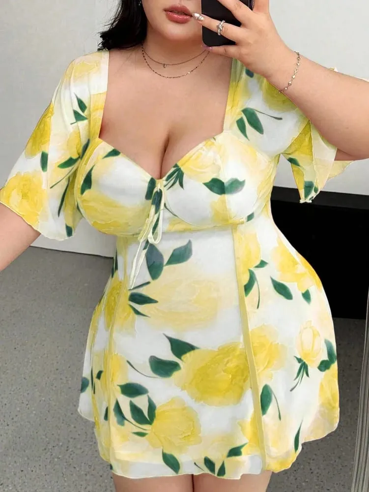 Plus Size Romantic Floral Pink Yellow Ruffle Sleeve Dress Short Sleeve V Neck Waistband Fitted Tiered — image 4