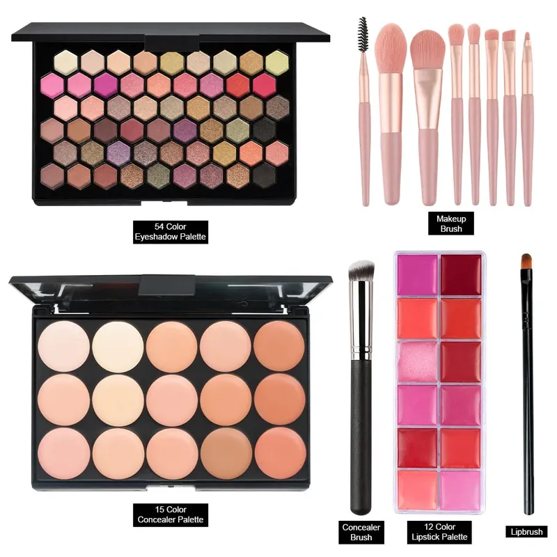 Kits de maquillage 6 pièces, Palette de fard à paupières 54 couleurs, Palette de correcteur de 15 couleurs, brillant à lèvres 12 couleurs avec 9 pinceaux, ensemble complet de pinceaux à lèvres