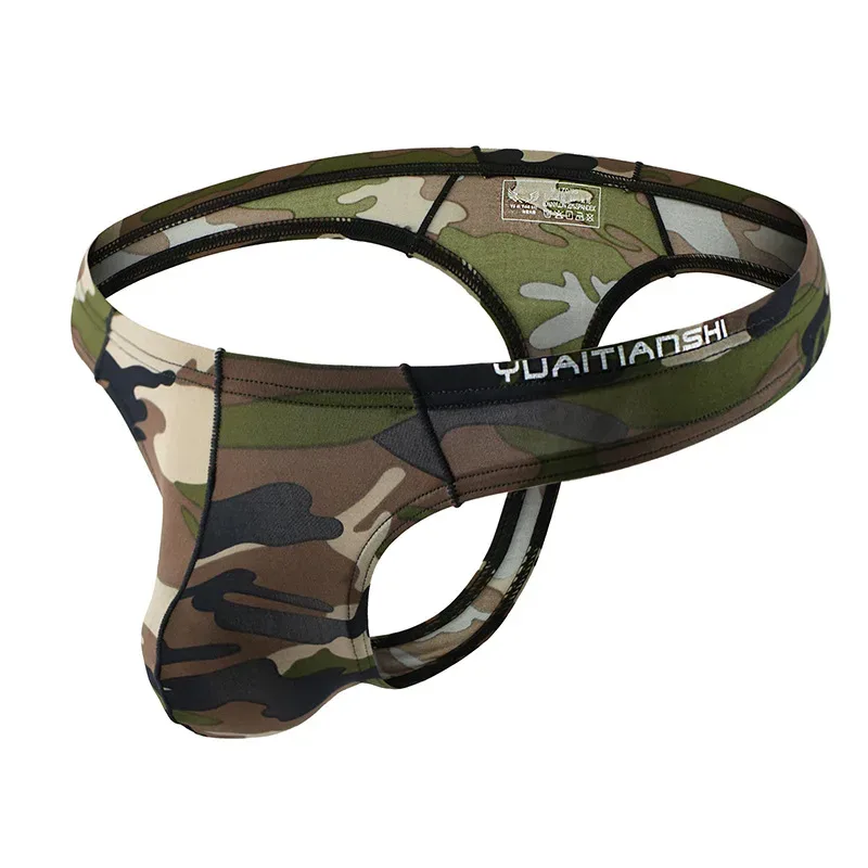 ผู้ชาย Camo พิมพ์ทองชุดชั้นใน Breathable 3D-Pouch ผู้ชาย G-String บิกินี่เอวยางยืด T-กางเกงไม่มีรอยต่อชาย T-back