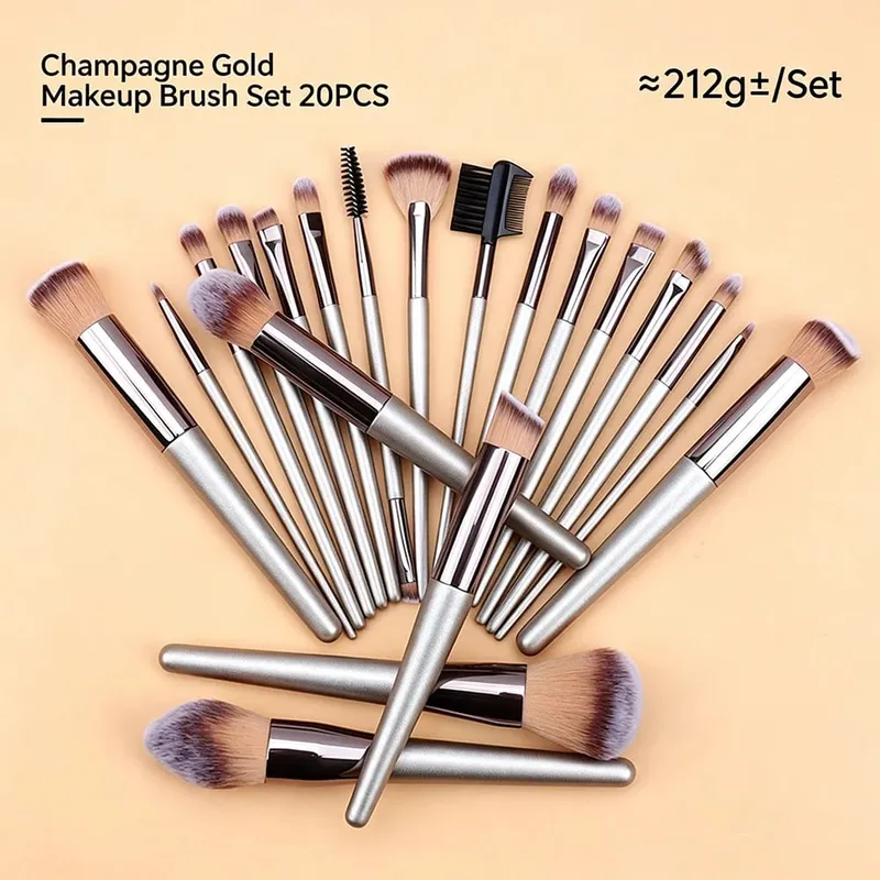 4/10/14/20PCS Champagne Gold Berus Mekap Set Bedak Bedak Bedak Mata Pembayang Mata Berus Bibir Kening — image 9