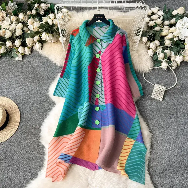 Miyake Pleated Drape Dress Women 2024 Spring Summer Colorblock Printing Lapel 3/4 Sleeve Single-breasted Fashion Shirt Dresses — image 4