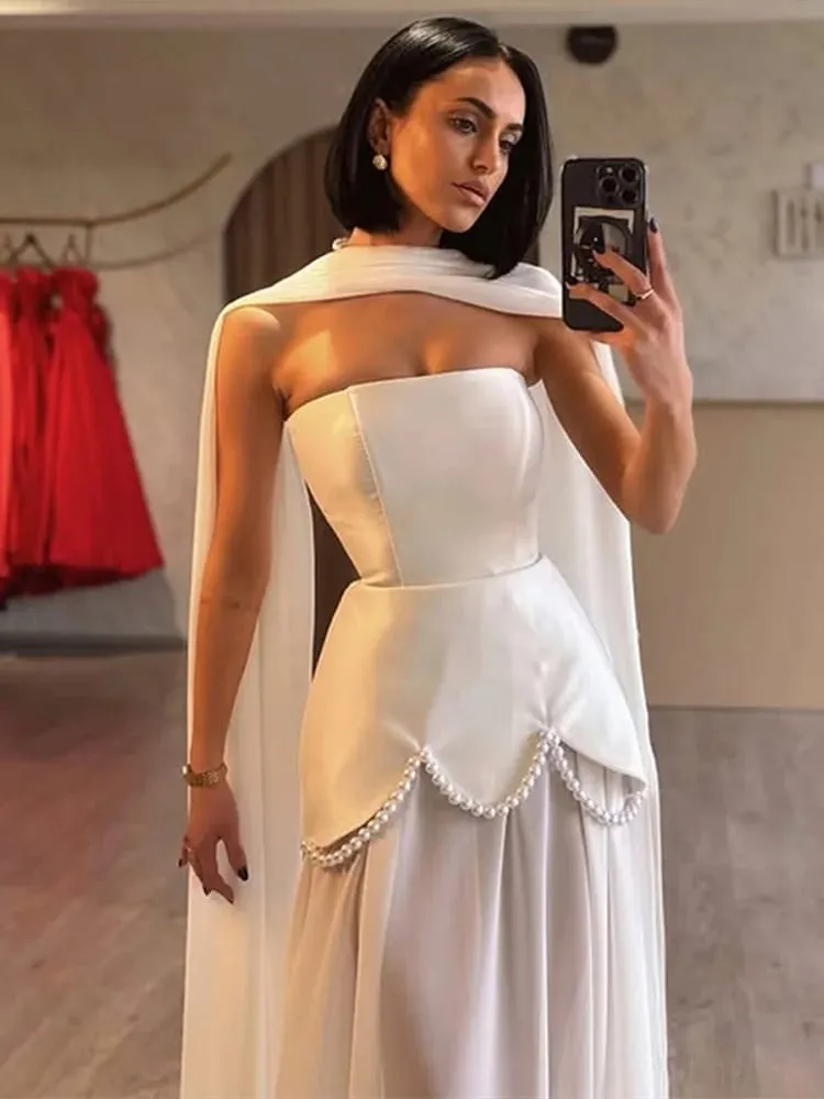 Gaun Malam Hem Bunga Aksen Dasi Warna Solid Rantai Mutiara Berpanel Tanpa Tali Gaun Wanita Elegan 2026 Gaun Wanita Chic Fashion Gaun Wanita — image 3