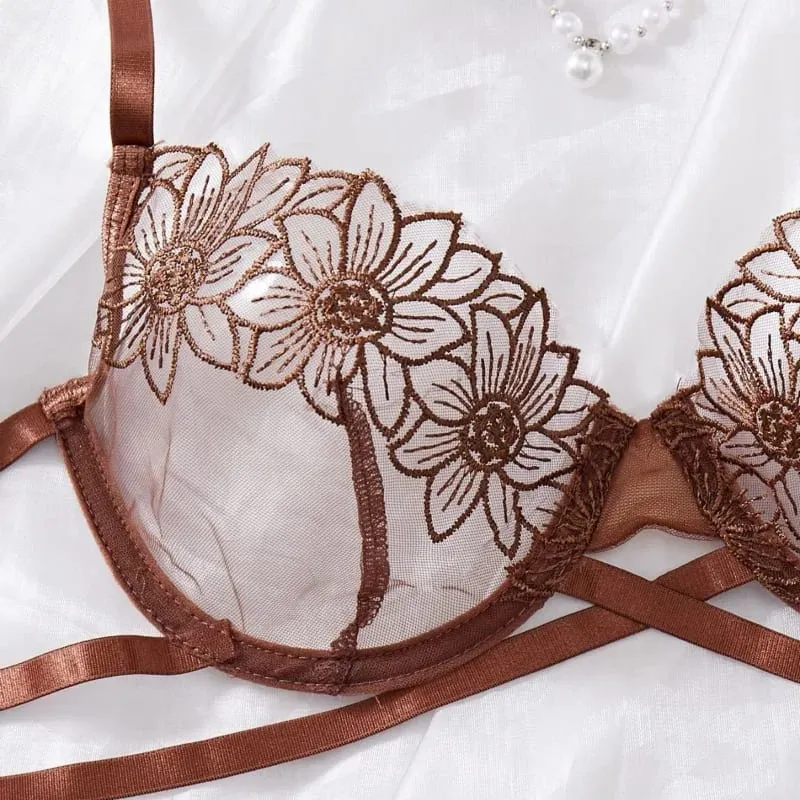 Set Bra Berwayar Berdawai Bersulam Bunga Mewah Berjala Wanita + Seluar Dalam — image 3