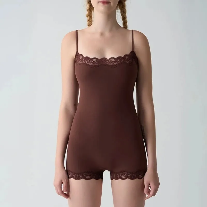Pakaian Dalam Tali Spaghetti Leher Persegi Kemasan Renda Wanita Tanpa Lengan Slimming Bodycon Jumpsuit Romper — image 6