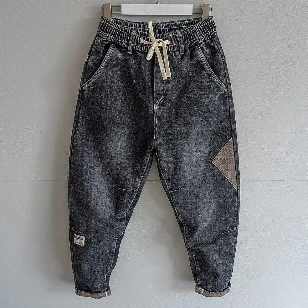 Jeans larghi elastici in vita in denim Primavera Autunno Pantaloni stile harem impiombati Pantaloni casual da uomo 2024 Jeans cargo larghi coreani nuovi elasticizzati — image 2