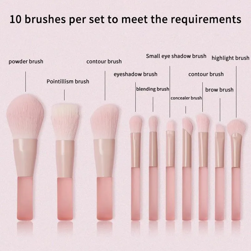 【B】Set di pennelli per trucco da viaggio con manico rosa da 10 pezzi, fondotinta sintetico in polvere, ombretto, mini set di pennelli per trucco — image 4