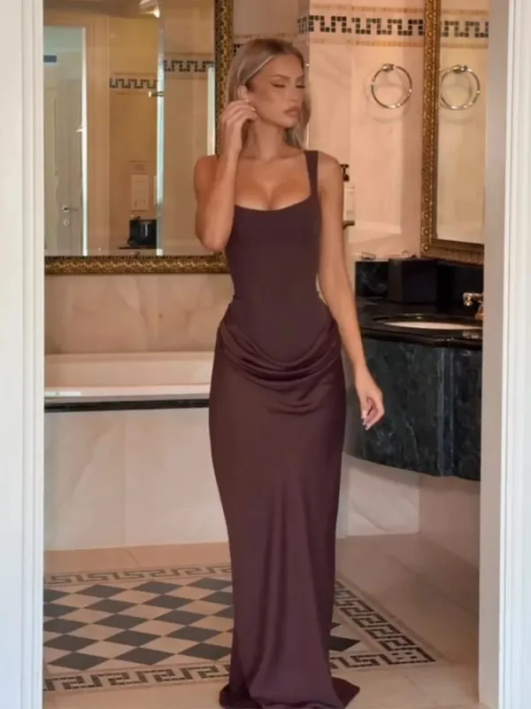 Elegante abito lungo pieghettato giallo senza spalline da donna Chic abito senza maniche solido in vita che stringe l'abito diviso 2026 abiti da sera da sera per donna — image 18