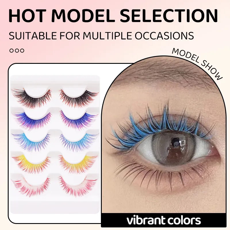 5 คู่ผสมสี Ombre Gradient ขนตาปลอม 3D สีสัน Strip Lashes Handmade Fluffy สีขนตาสำหรับคอสเพลย์แต่งหน้า — image 6