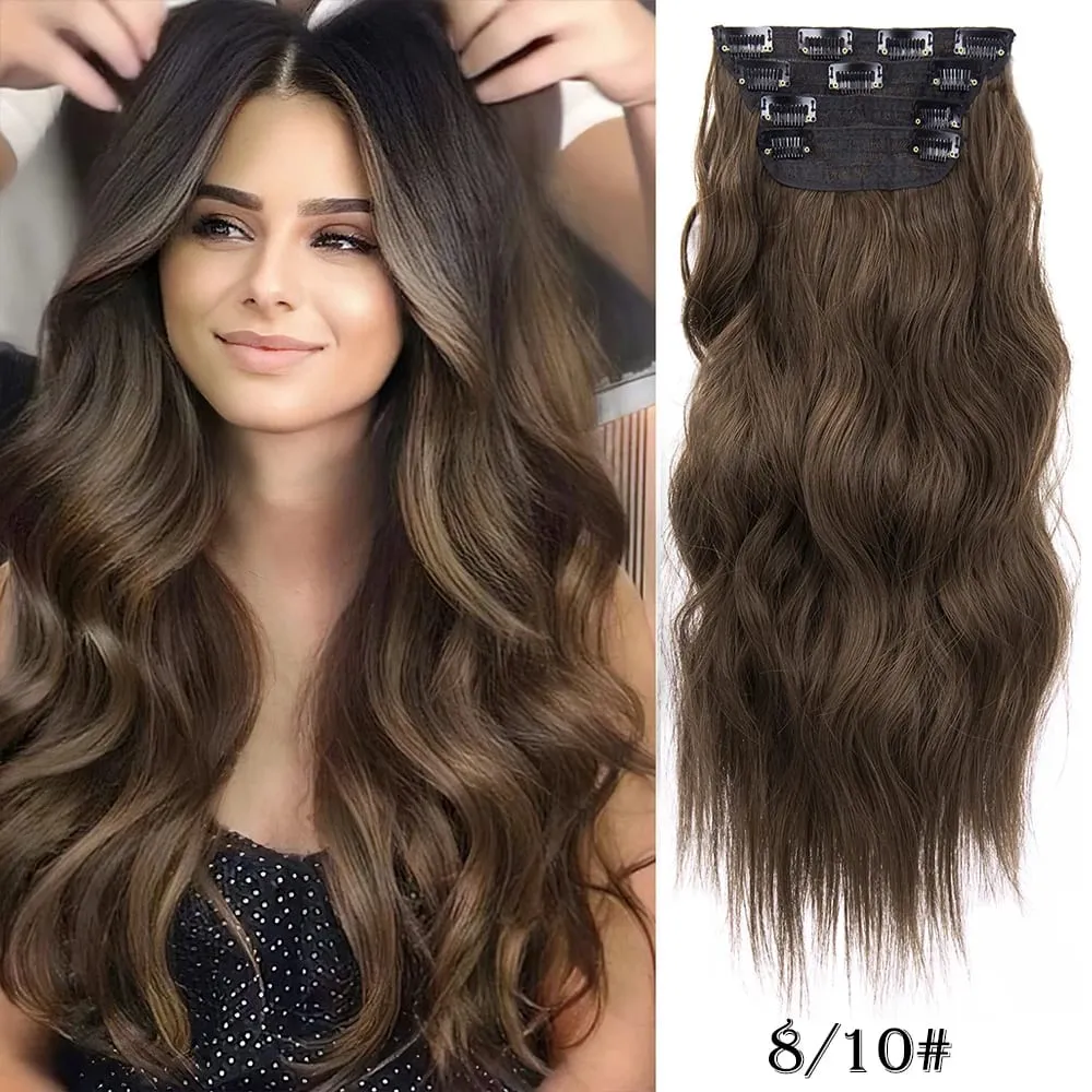 Leeons gewellte Clip-in-Haarverlängerungen, 4 Stück, natürliche, weiche, lange, gewellte Haarteile, dicke Doppelschuss-Clip-in-Haarverlängerungen für Frauen — image 8