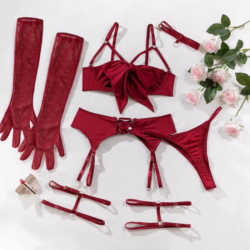 Ensemble de Lingerie Sexy avec nœud ajouré pour femmes, vêtements exotiques solides, sous-vêtements féminins de Style pur désir avec jarretelles et gants