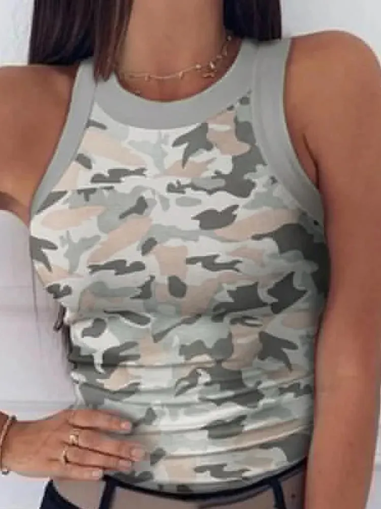 Damski Casual Camo wokół szyi prążkowany podkoszulek lato podstawowe elastyczna koszulka na ramiączkach seksowna bez rękawów kamizelka z wycięciem pod szyją odzież damska — image 3