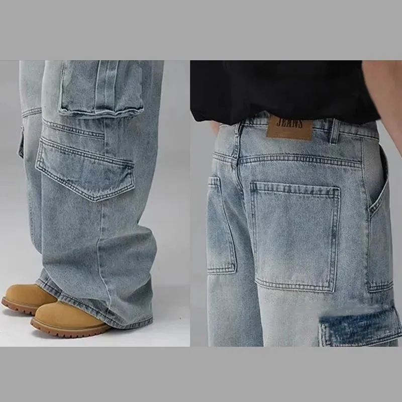 Mænds forår og sommer arbejdstøj design jeans med flere lommer Retrovaskede japanske og koreanske fritidsbukser Løse bukser med brede ben — image 5
