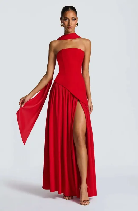 Elegante abito da donna estivo sexy senza spalline con spalle scoperte Abito patchwork con pieghe Sciarpa collo Abiti lunghi da sera con spacco alto — image 12