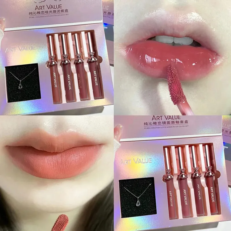 ART VALUE 4Pcs Lipgloss Liquid Lipstick Lasting Moisturizing Makeup Mirror Lip Glaze Set With Necklace Lip Tint Beauty Makeup — image 4
