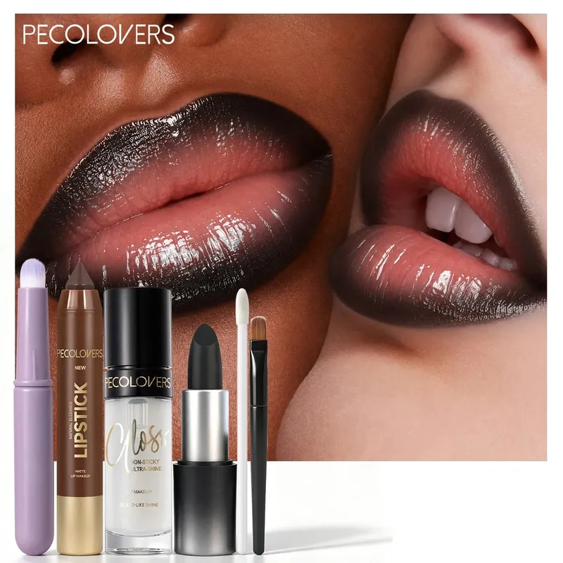 6PCS Set Solekan Bibir Gincu Berpigmen Hitam Pensel Pelapik Bibir Kaca Jelas Bersinar Seperti Bersinar Lip Gloss Berus Leper Bulat Calit Bibir — image 2