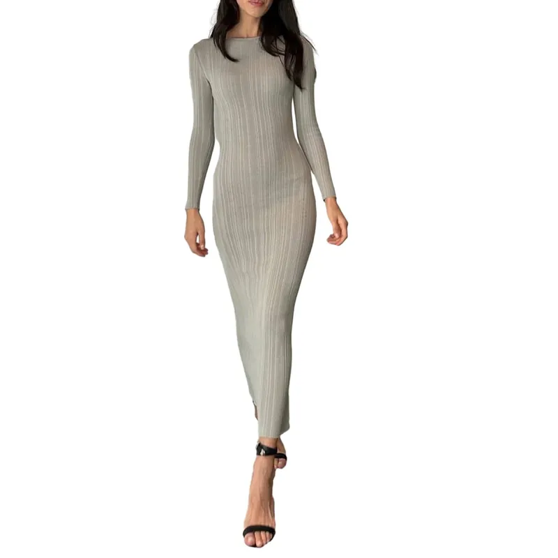Robe longue en tricot pour femmes, couleur unie, moulante, manches longues, col rond, côtelée, coupe cintrée, printemps automne — image 11