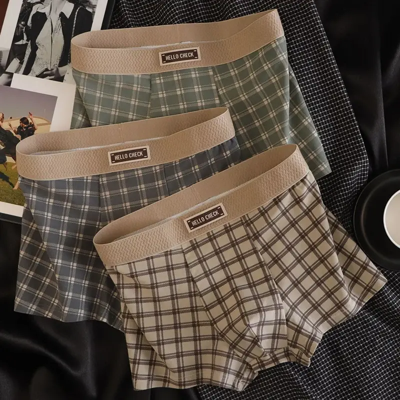 Shorts boxer retrô estampado xadrez masculino de 4 peças, roupa íntima macia, confortável e respirável, shorts boxer sem costura masculino — image 1