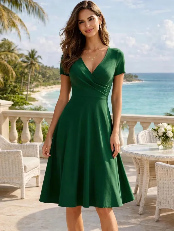 Damen-Kleid, elegant, Rundhalsausschnitt, Sommer, kurzärmelig, einfarbig, A-Linie, knielang, Kleid mit hoher Taille, für Party, Hochzeit, lässiger Abgang — image 13