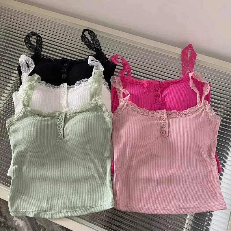 Summer Lace Strap Patchwork Camisole Kvinder Ensfarvet Ærmeløse Buttons Tank Top — image 2