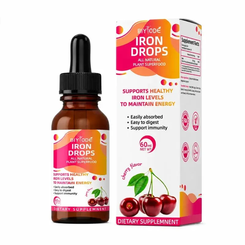 Supplément liquide Iron Drops 18 Mg (100% DV) Ferrochel Bisglycinate ferreux chélate Absorption facile Saveur cerise 60 ml