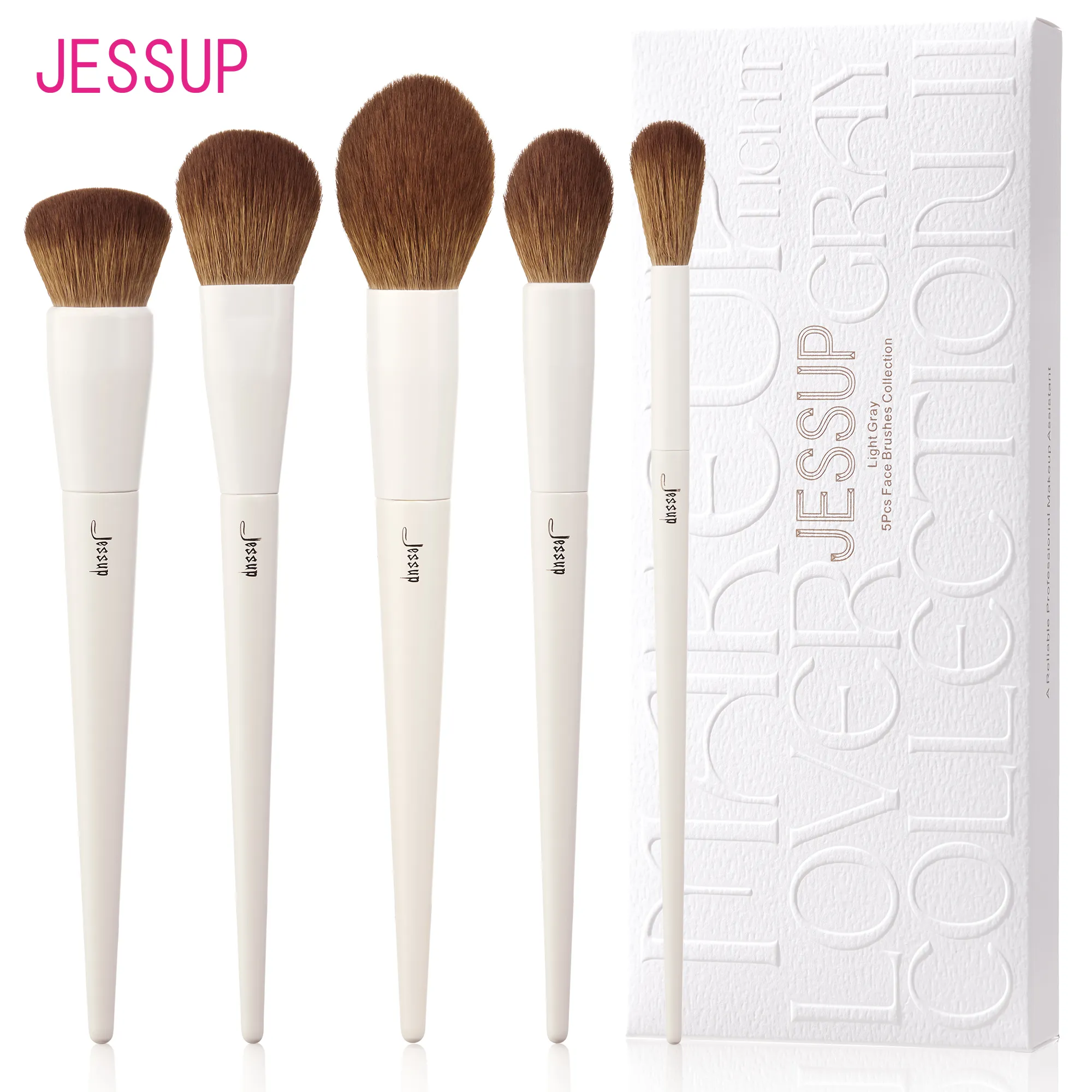 Jessup Face Brushes ชุดแปรงแต่งหน้า 5 ชิ้น Vegan Foundation Blush Bronzer แปรง Contour Fluffy Setting Powder Light สีเทา T493 — image 1