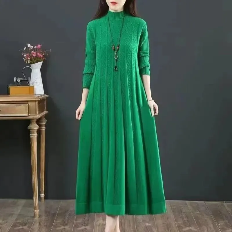 Herbst/Winter Frauen Gestrickte Kleid 2025 Neue Feste Lose Pullover Halb Hohe Kragen Lange Gestrickte Pullover Kleid Weibliche Hohe-qualität