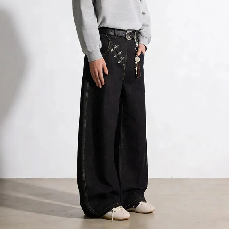 Projekt guzika samolotu Czarne męskie jeansy typu Boot Cut Niszowe Unisex Główna ulica Luźne szerokie nogawki Denim długie spodnie 2026 Nowy 9X2176 — image 4