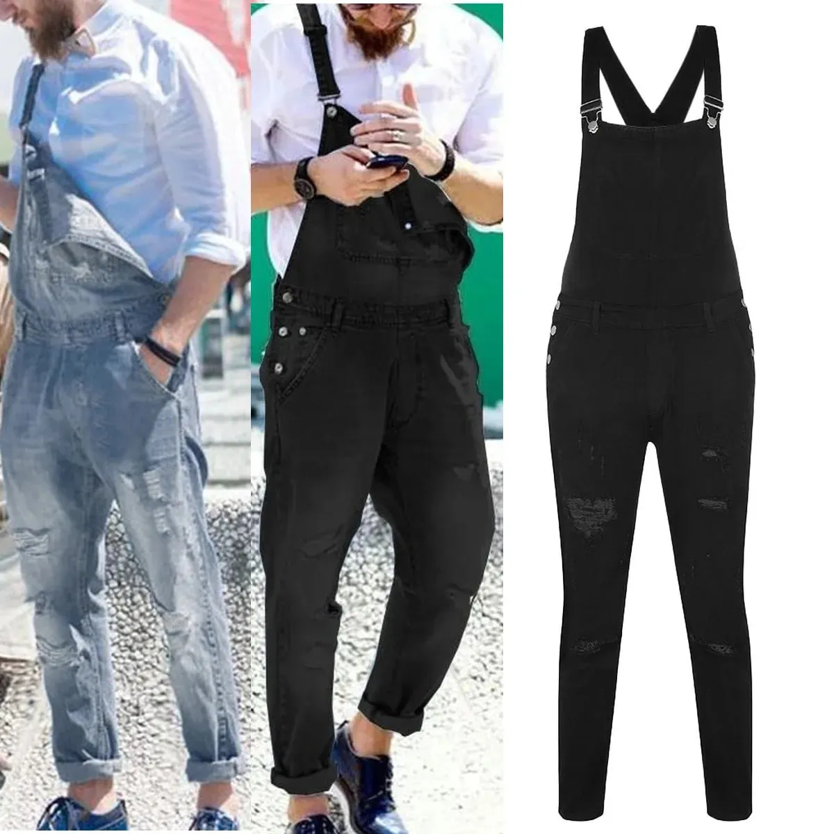 Salopette jeans da uomo Matita in denim lavato Lunghezza alla caviglia Tasche effetto consumato con foro in un pezzo Bretelle vintage strappate con impiombature casual — image 2