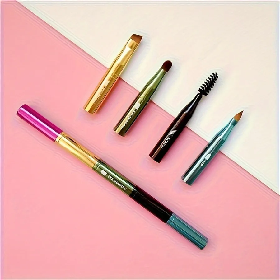 ชุดแปรงแต่งหน้าแบบพกพา 4-in-1 โลหะ Handle Eyebrow & Lip Brushes พร้อมขนตาและอายแชโดว์ Applicators Travel-Friendly