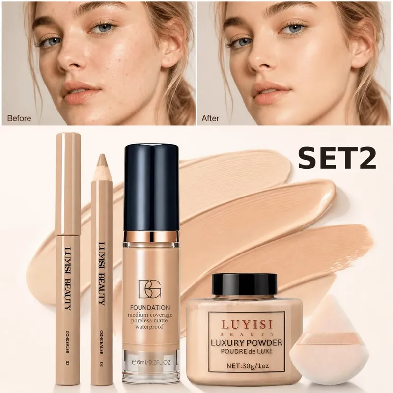 4-teiliges Gesichts-Make-up-Set: 1 Concealer-Stift + 1 Foundation + 1 loser Puder + 1 Puff Flawless Waterproof Long-Lasting Natural — image 7