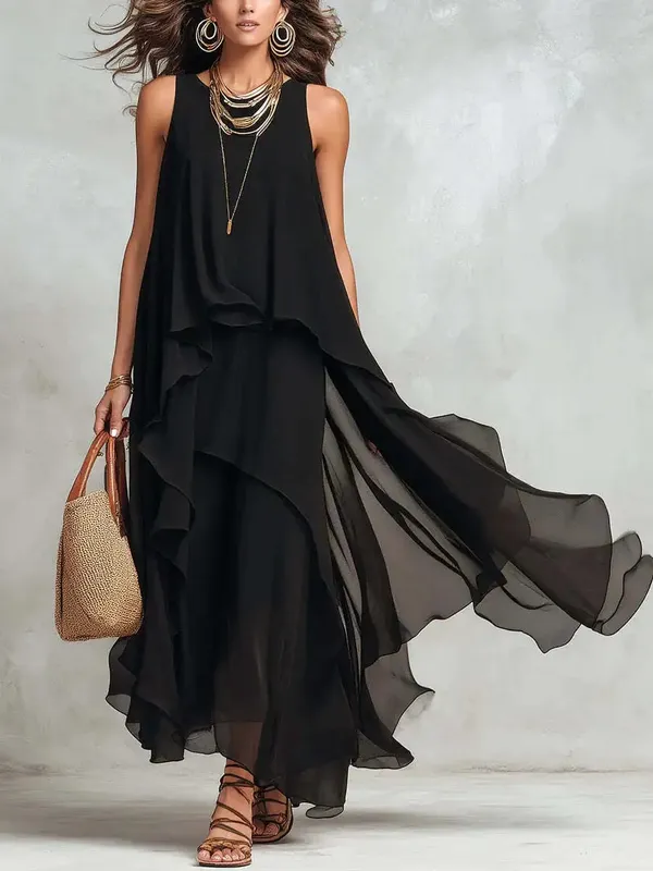 2026 Nuovo abito lungo in chiffon irregolare senza maniche nero con temperamento elegante per abito da donna