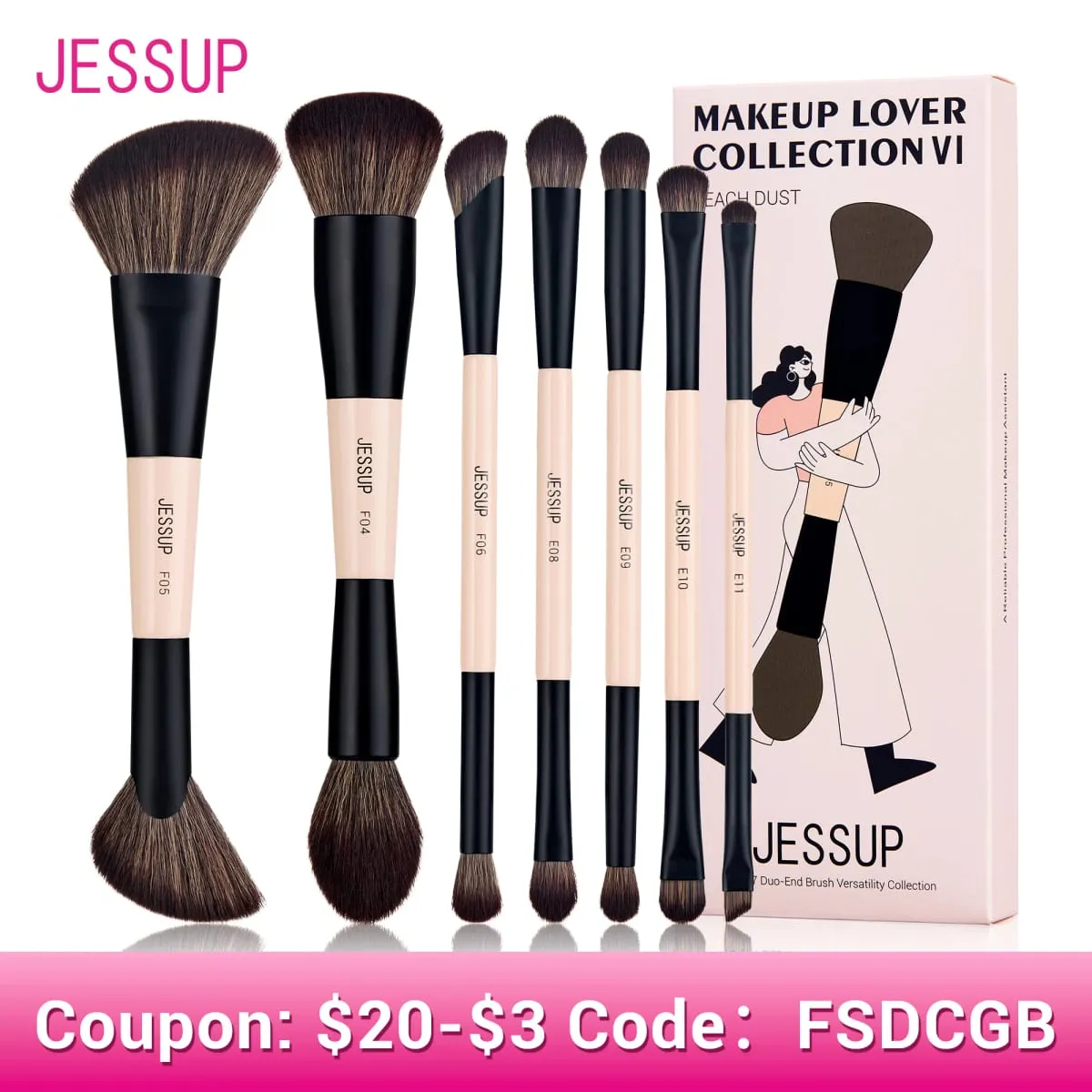 Jessup Set di pennelli per trucco 3/5/7 pezzi Pennello per trucco a doppia faccia Fondotinta Ombretto in polvere Miscela di polvere di pesca cruelty-free T600 — image 1