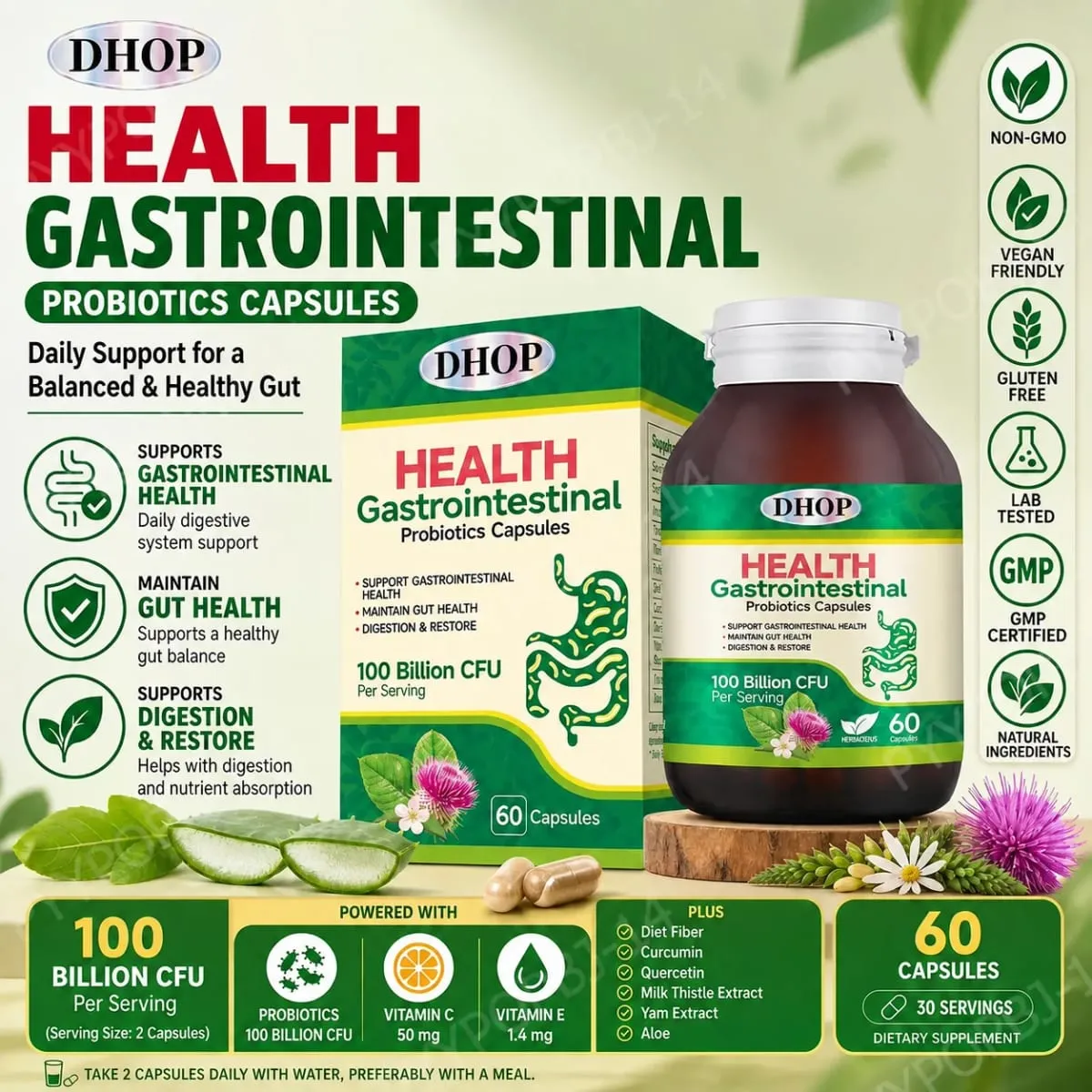Gastrointestinal Probiotics Capsules Support Gut Health with Vitamin C and Vitamin E Diet Fiber 100 Billion CFU 60 Capsules — image 1