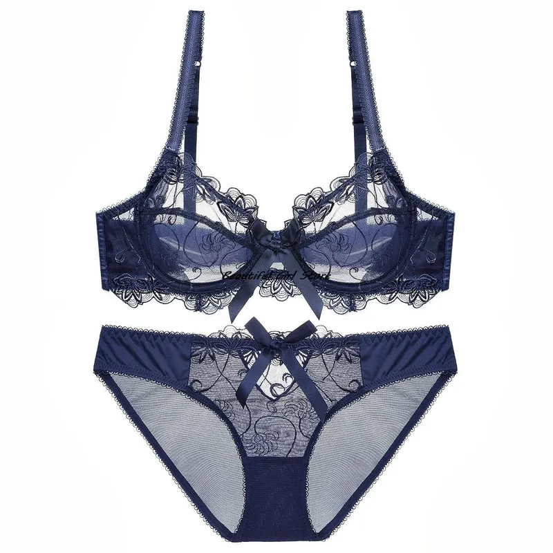 레이스 푸시 업 브래지어 세트 통기성 팬티얇은 메쉬 컵 투명 Behal 란제리 보우 자수 Flora Soutien Gorge — image 8