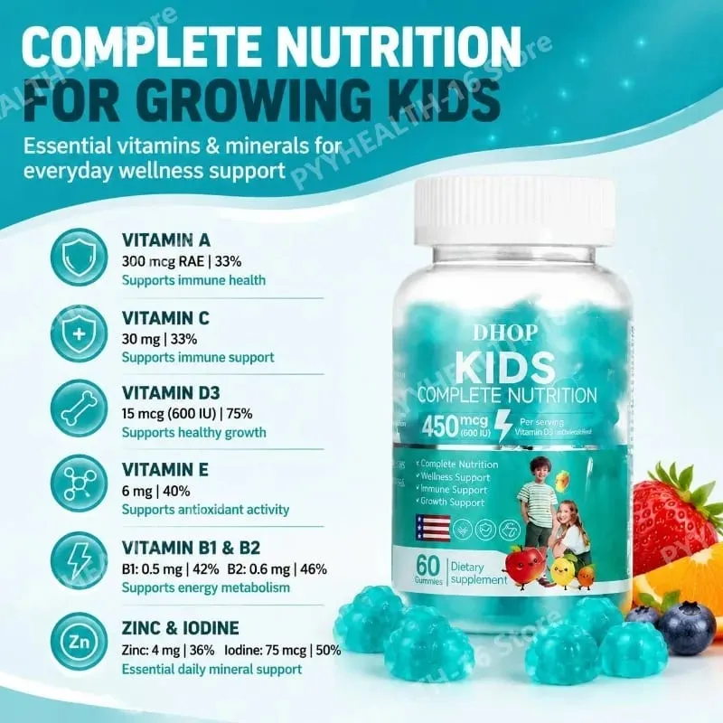 Gummies multivitamines pour enfants vitamine D3 C Zinc B vitamines soutien immunitaire bien-être quotidien Nutrition saveur de fruit 60 Gummies — image 5