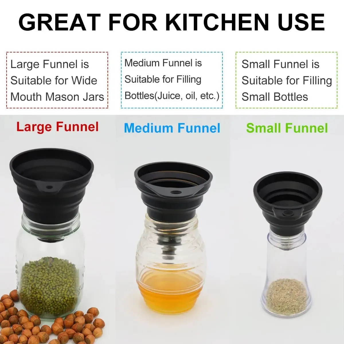 3 Pcs Silicone Collapsible Funnel Set Foldable Large Canning Jar Funnel for Wide Mouth and Regular Bottles Kitchen Use Filling