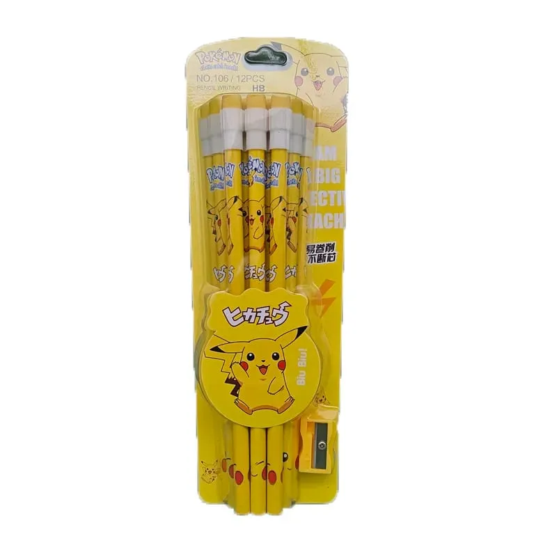 12 Stück Pokémon-Bleistift mit Radiergummi, Anspitzer, niedliches Pikachu, Anime-Figur, Schulbedarf, Büro, Schreibwaren, Kawaii-Werkzeuge, Geschenke